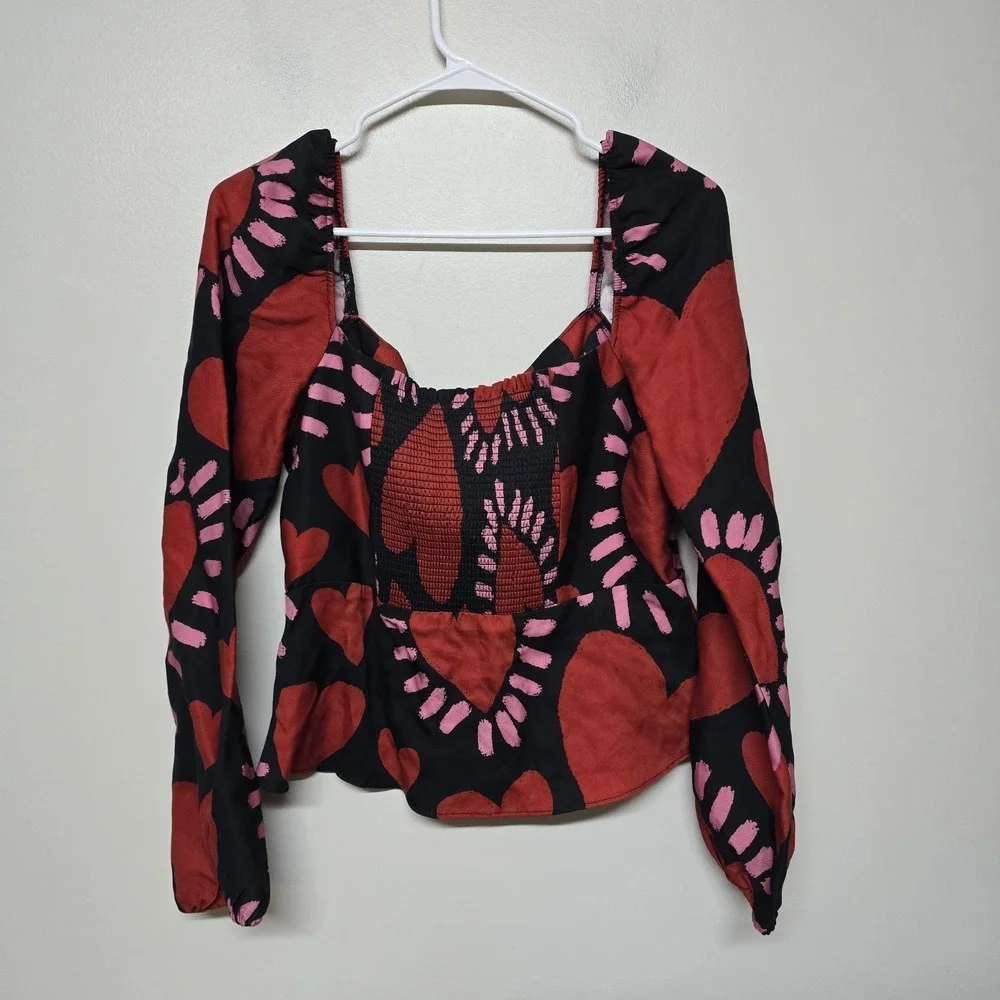 Farm Rio Long Sleeve Hearts Blouse Buttons Red Cropped Square‎ Neck Sz M NWT